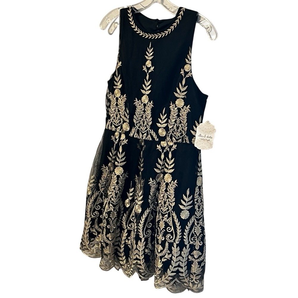 NWT Altar'd State Black Gold Embroidered Mini Dress L Fit & Flare Party - Picture 5 of 10